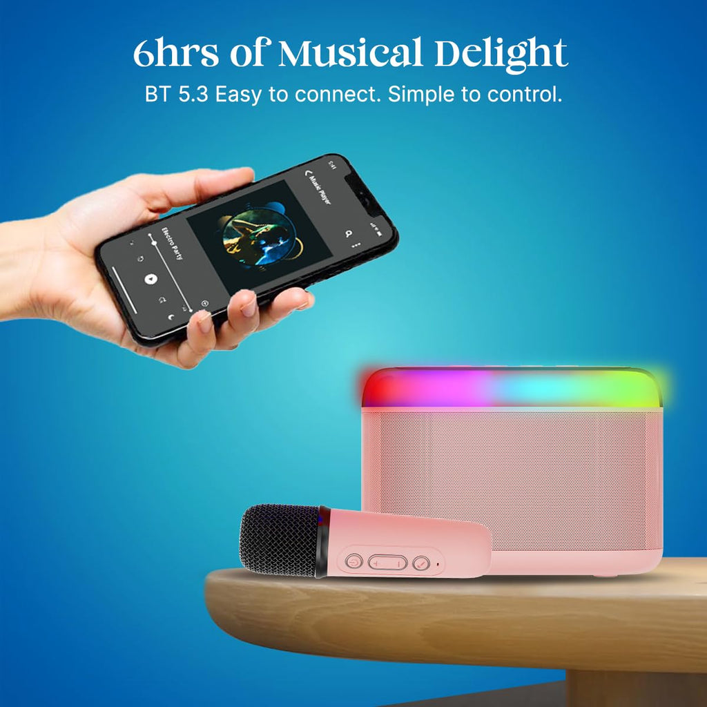Newly Launched Fusion Tunes 10W Mini Bluetooth Speaker, Wireless Karaoke Mic, 8Hrs Playtime, Vivid RGB Lights, Voice Effects, Multi-Play Modes BT5.1/TF Card & Type-C Charging (Light Pink)