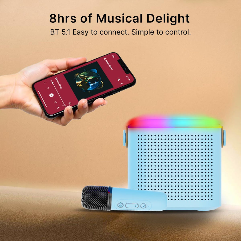 Newly Launched Fusion Tunes 10W Mini Bluetooth Speaker, Wireless Karaoke Mic, 8Hrs Playtime, Vivid RGB Lights, Voice Effects, Multi-Play Modes BT5.1/TF Card & Type-C Charging (Light Pink)
