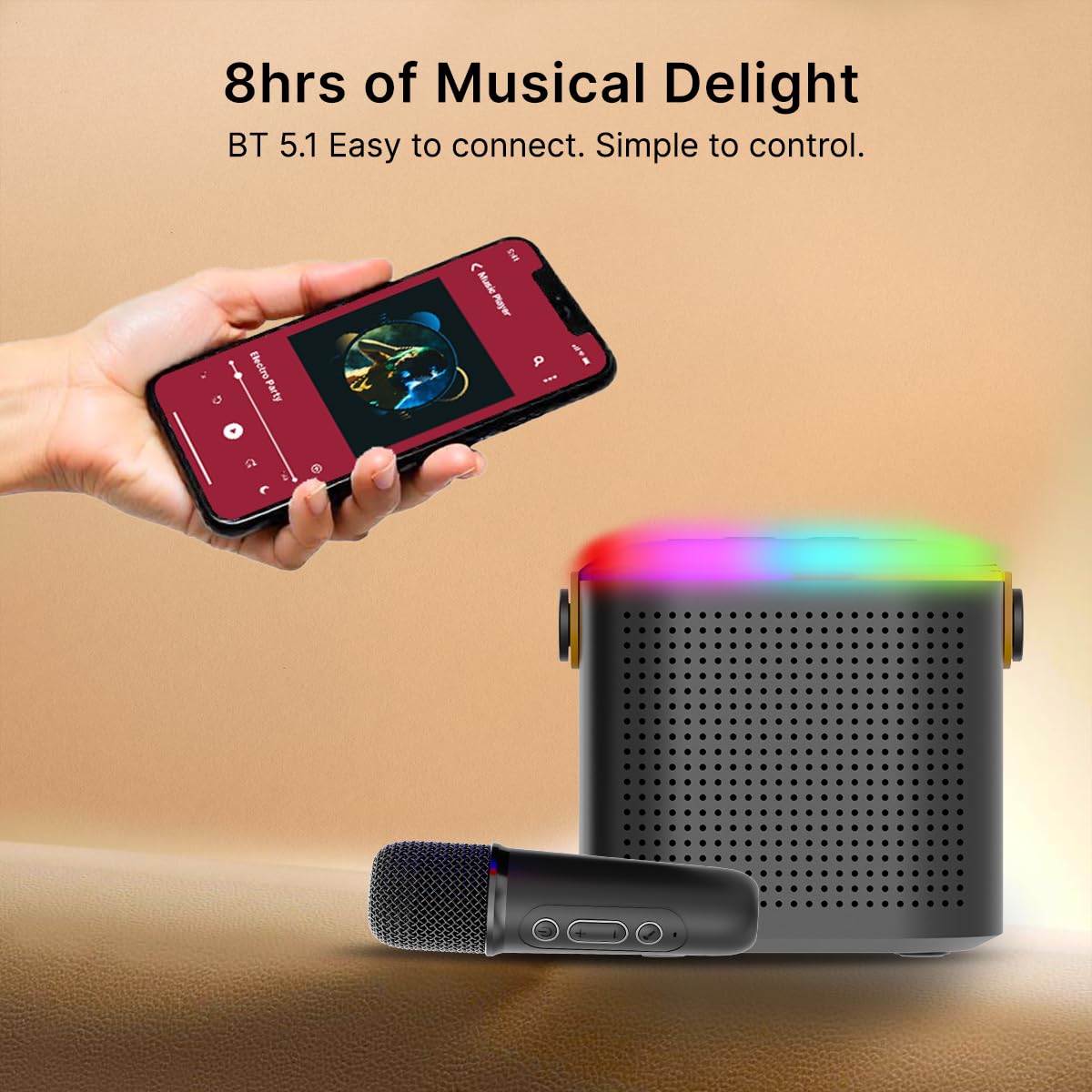 Newly Launched Fusion Tunes 10W Mini Bluetooth Speaker, Wireless Karaoke Mic, 8Hrs Playtime, Vivid RGB Lights, Voice Effects, Multi-Play Modes BT5.1/TF Card & Type-C Charging (Light Pink)
