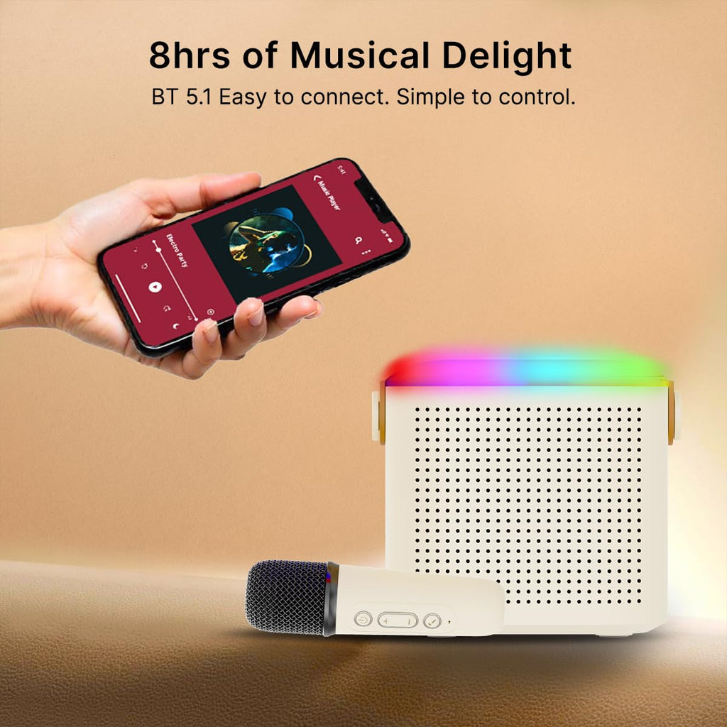 Newly Launched Fusion Tunes 10W Mini Bluetooth Speaker, Wireless Karaoke Mic, 8Hrs Playtime, Vivid RGB Lights, Voice Effects, Multi-Play Modes BT5.1/TF Card & Type-C Charging (Light Pink)