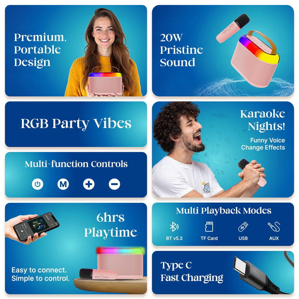 Newly Launched Fusion Tunes 10W Mini Bluetooth Speaker, Wireless Karaoke Mic, 8Hrs Playtime, Vivid RGB Lights, Voice Effects, Multi-Play Modes BT5.1/TF Card & Type-C Charging (Light Pink)