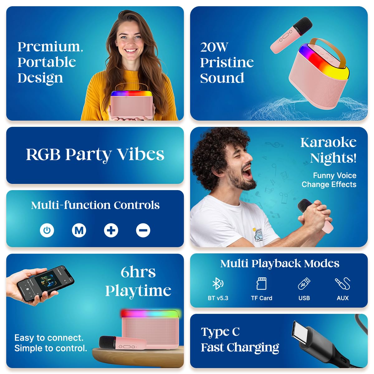 Newly Launched Fusion Tunes 10W Mini Bluetooth Speaker, Wireless Karaoke Mic, 8Hrs Playtime, Vivid RGB Lights, Voice Effects, Multi-Play Modes BT5.1/TF Card & Type-C Charging (Light Pink)