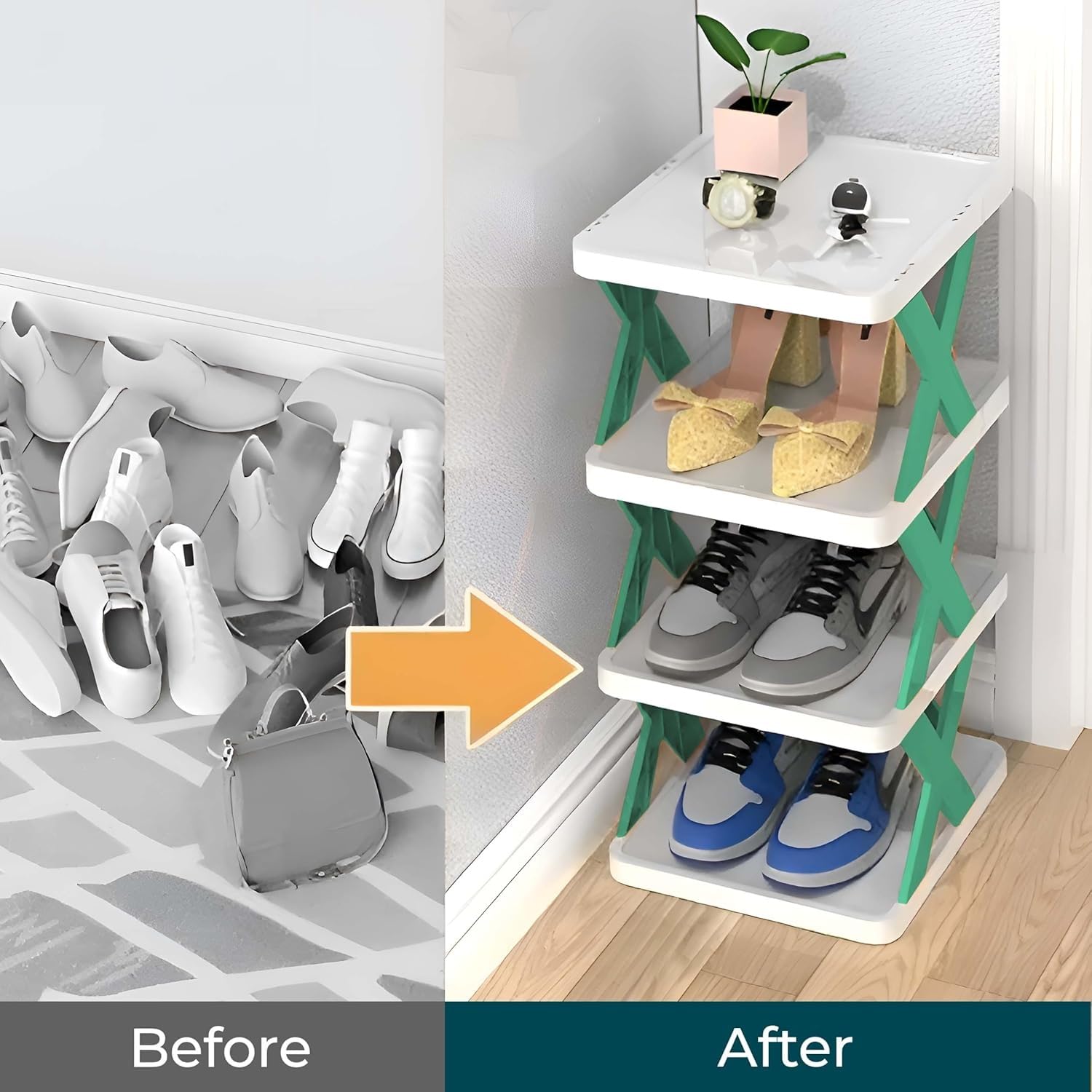 Foldable Plastic Shoe Rack – 3 Layer Multipurpose Organizer for Entryway, Office, Wardrobe & Bedroom | Stackable Storage Shelf for Shoes, Books, Toys (Green)