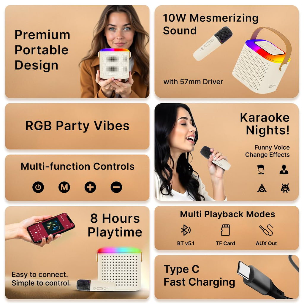 Newly Launched Fusion Tunes 10W Mini Bluetooth Speaker, Wireless Karaoke Mic, 8Hrs Playtime, Vivid RGB Lights, Voice Effects, Multi-Play Modes BT5.1/TF Card & Type-C Charging (Light Pink)