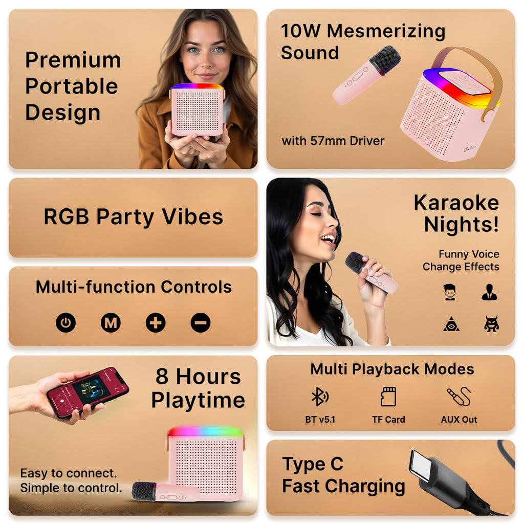 Newly Launched Fusion Tunes 10W Mini Bluetooth Speaker, Wireless Karaoke Mic, 8Hrs Playtime, Vivid RGB Lights, Voice Effects, Multi-Play Modes BT5.1/TF Card & Type-C Charging (Light Pink)