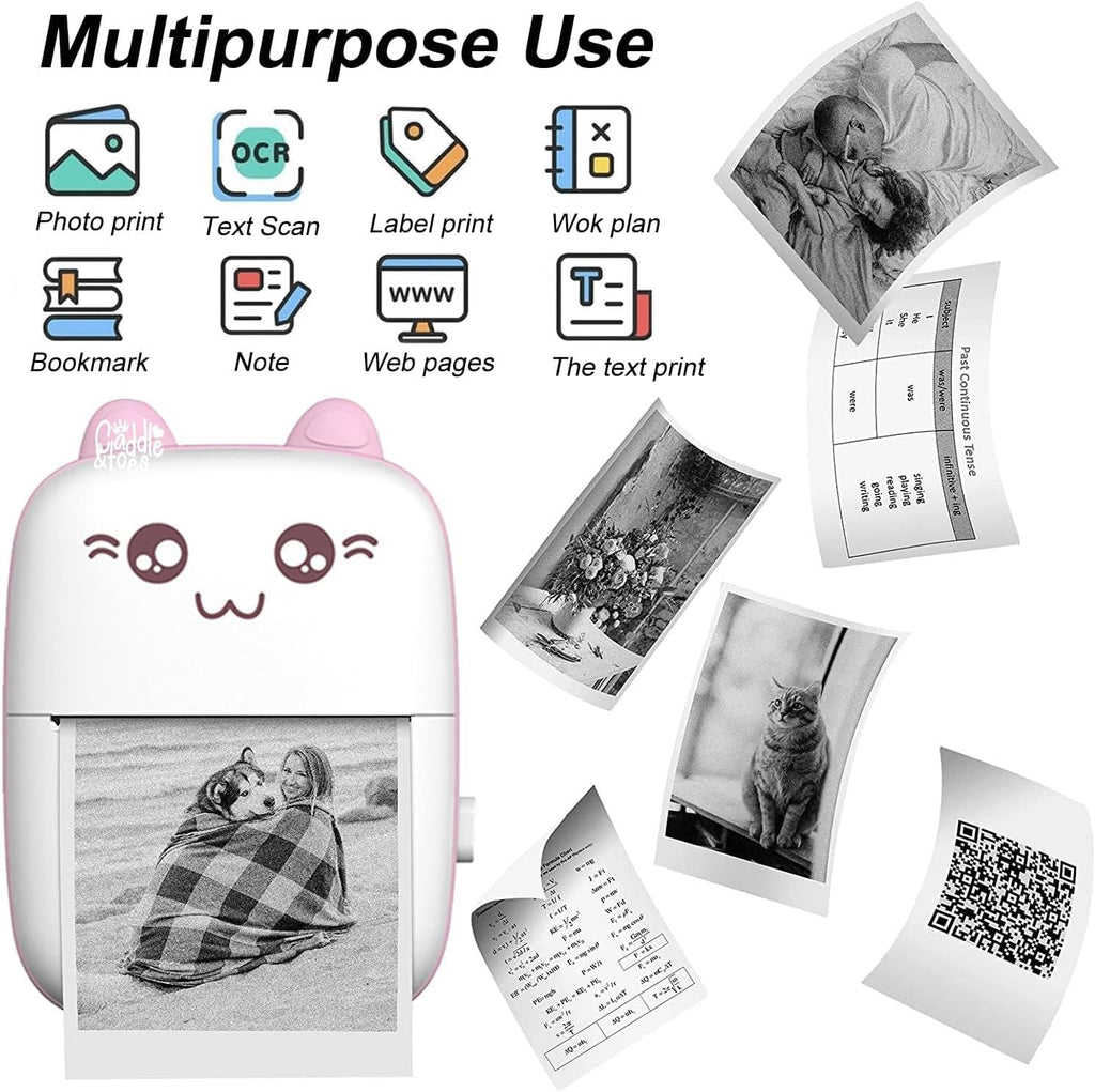 Mini Portable Thermal Printer – Bluetooth Wireless Photo & Label Printer for Kids with 1 Paper Roll – 57mm Black & White Pocket Printer for Mobile, School, Stickers (Assorted)