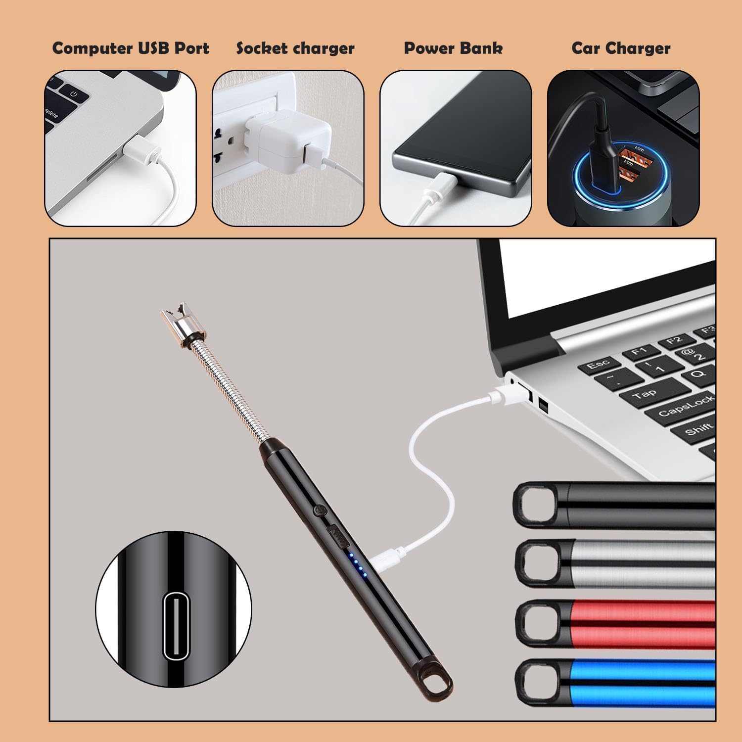 Gas Lighter for Kitchen use c-Type Rechargeable Electric lighters for Kitchen Cooking Gas Stove Candles BBQ Pooja, 360� Flexible Neck Arc USB Plasma Lighter Windproof - 400 Uses in Single Charge