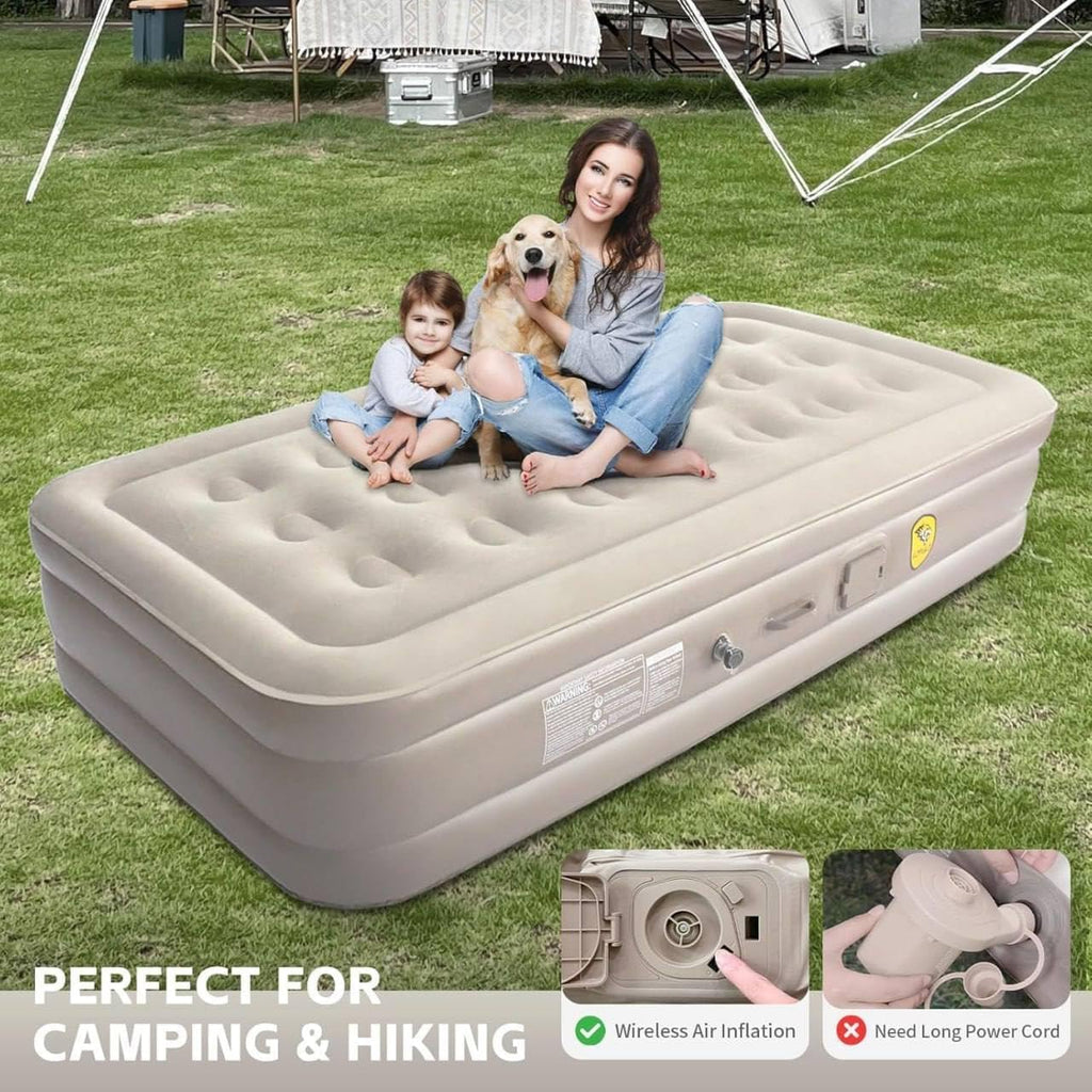 Designer Single Air Bed, Blow Up Bed for Home Portable Camping Travel, Inflatable Bed with Built-in Electric Pump, 3 Mins Quick Self-Inflation/Deflation Guest Air Mattress