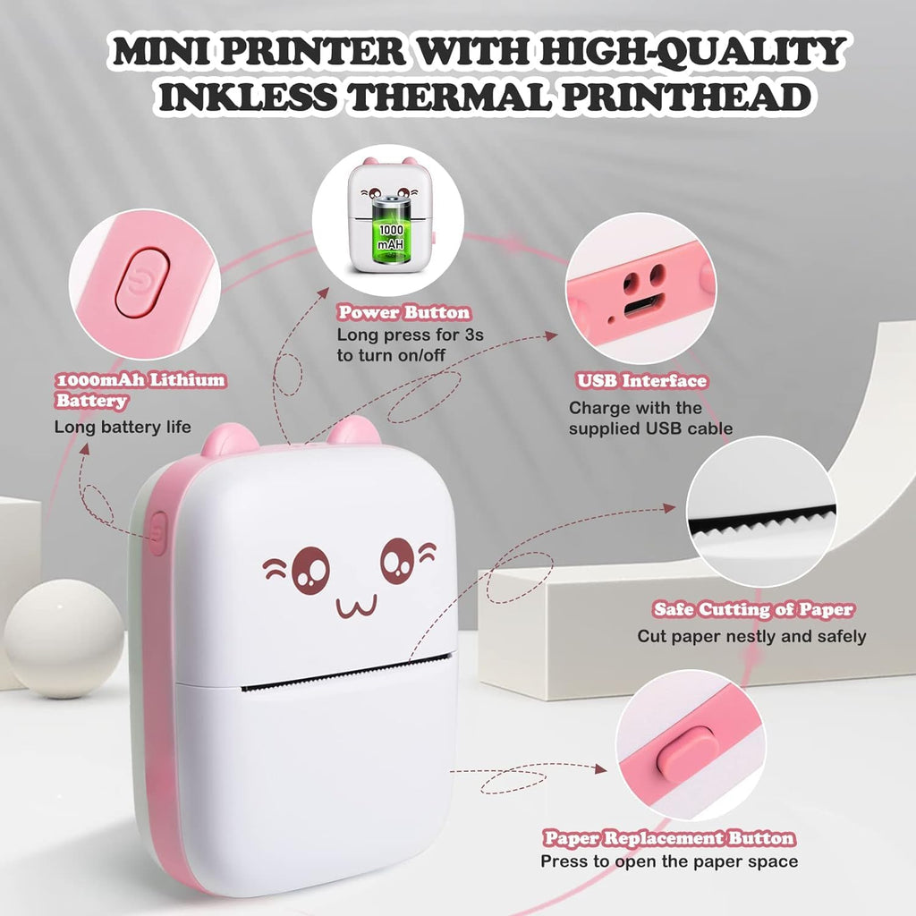 Mini Portable Thermal Printer – Bluetooth Wireless Photo & Label Printer for Kids with 1 Paper Roll – 57mm Black & White Pocket Printer for Mobile, School, Stickers (Assorted)