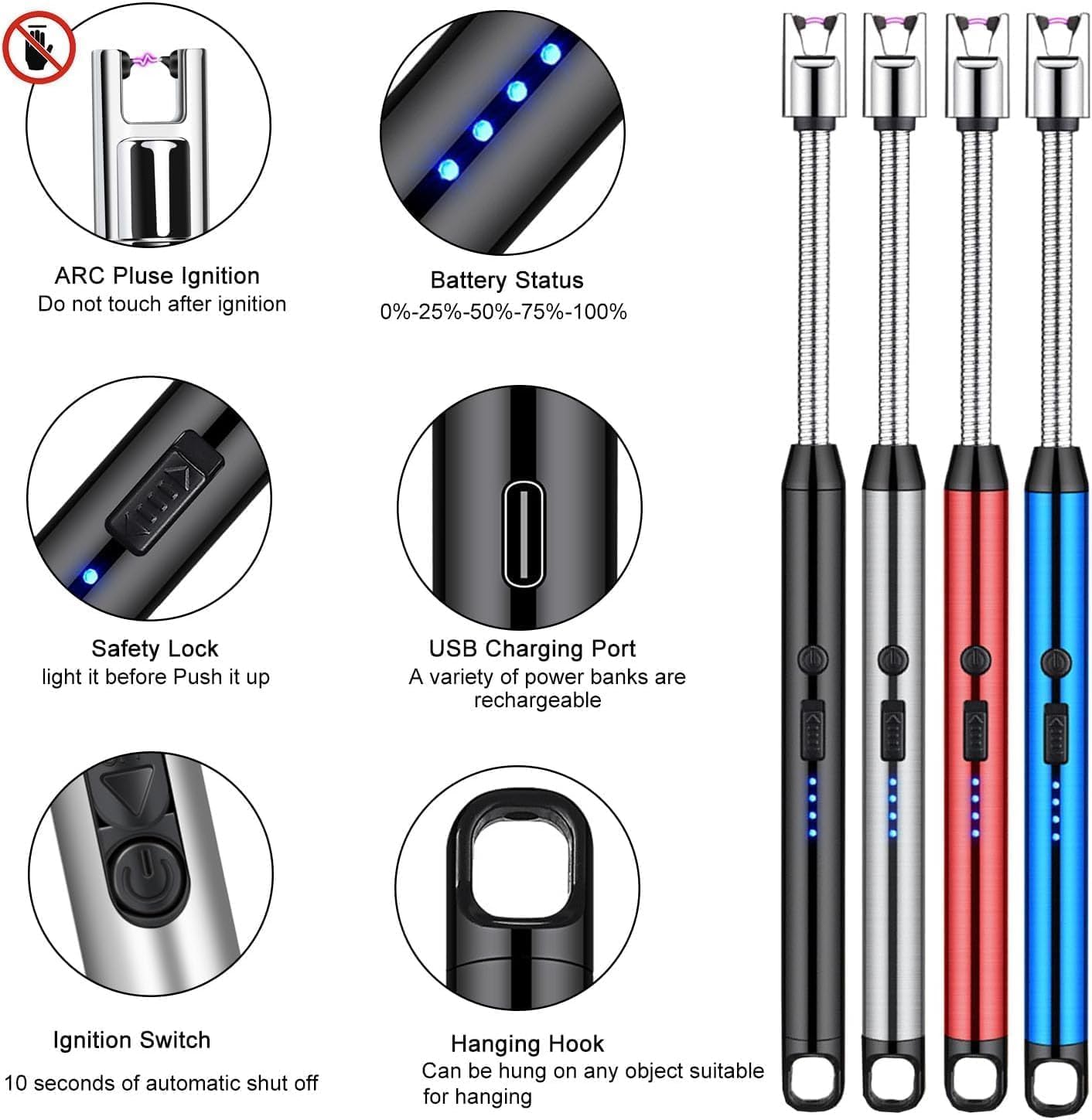 Gas Lighter for Kitchen use c-Type Rechargeable Electric lighters for Kitchen Cooking Gas Stove Candles BBQ Pooja, 360� Flexible Neck Arc USB Plasma Lighter Windproof - 400 Uses in Single Charge