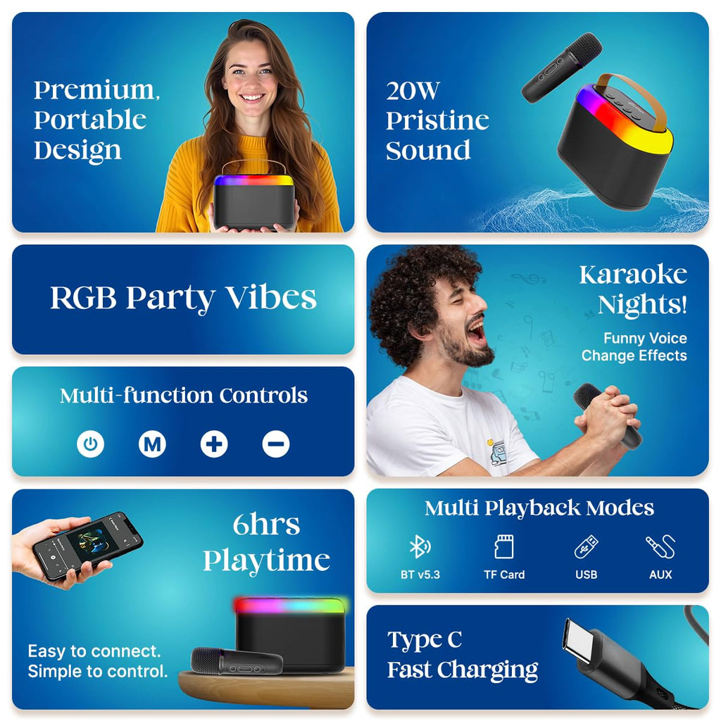 Newly Launched Fusion Tunes 10W Mini Bluetooth Speaker, Wireless Karaoke Mic, 8Hrs Playtime, Vivid RGB Lights, Voice Effects, Multi-Play Modes BT5.1/TF Card & Type-C Charging (Light Pink)