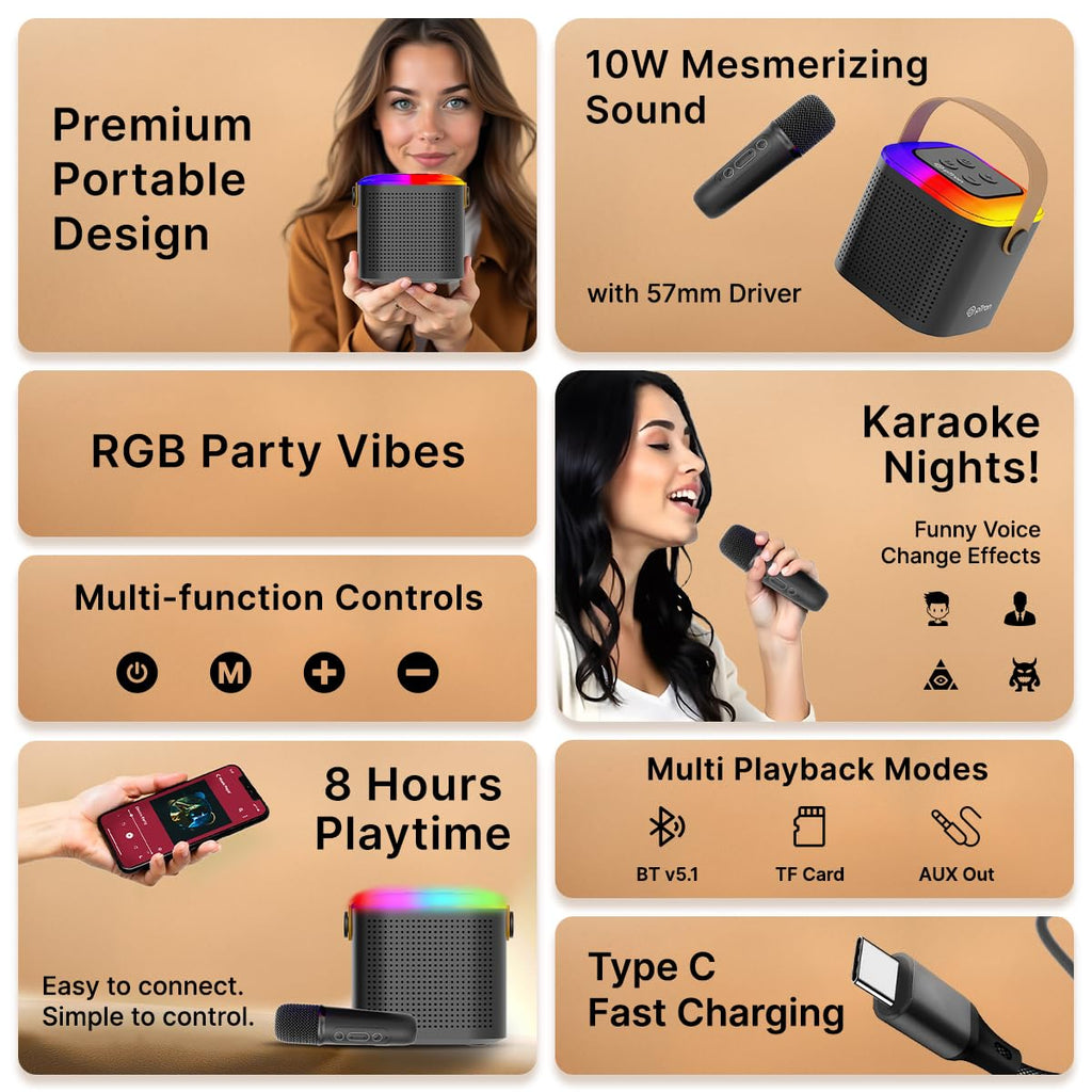 Newly Launched Fusion Tunes 10W Mini Bluetooth Speaker, Wireless Karaoke Mic, 8Hrs Playtime, Vivid RGB Lights, Voice Effects, Multi-Play Modes BT5.1/TF Card & Type-C Charging (Light Pink)