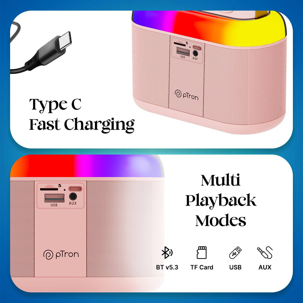 Newly Launched Fusion Tunes 10W Mini Bluetooth Speaker, Wireless Karaoke Mic, 8Hrs Playtime, Vivid RGB Lights, Voice Effects, Multi-Play Modes BT5.1/TF Card & Type-C Charging (Light Pink)