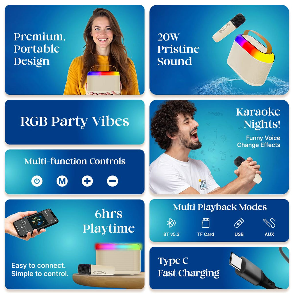 Newly Launched Fusion Tunes 10W Mini Bluetooth Speaker, Wireless Karaoke Mic, 8Hrs Playtime, Vivid RGB Lights, Voice Effects, Multi-Play Modes BT5.1/TF Card & Type-C Charging (Light Pink)