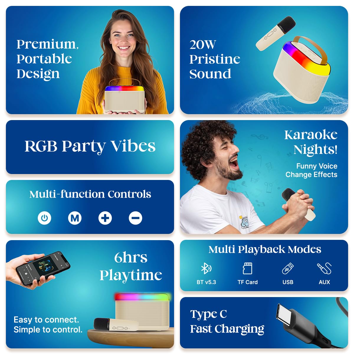 Newly Launched Fusion Tunes 10W Mini Bluetooth Speaker, Wireless Karaoke Mic, 8Hrs Playtime, Vivid RGB Lights, Voice Effects, Multi-Play Modes BT5.1/TF Card & Type-C Charging (Light Pink)