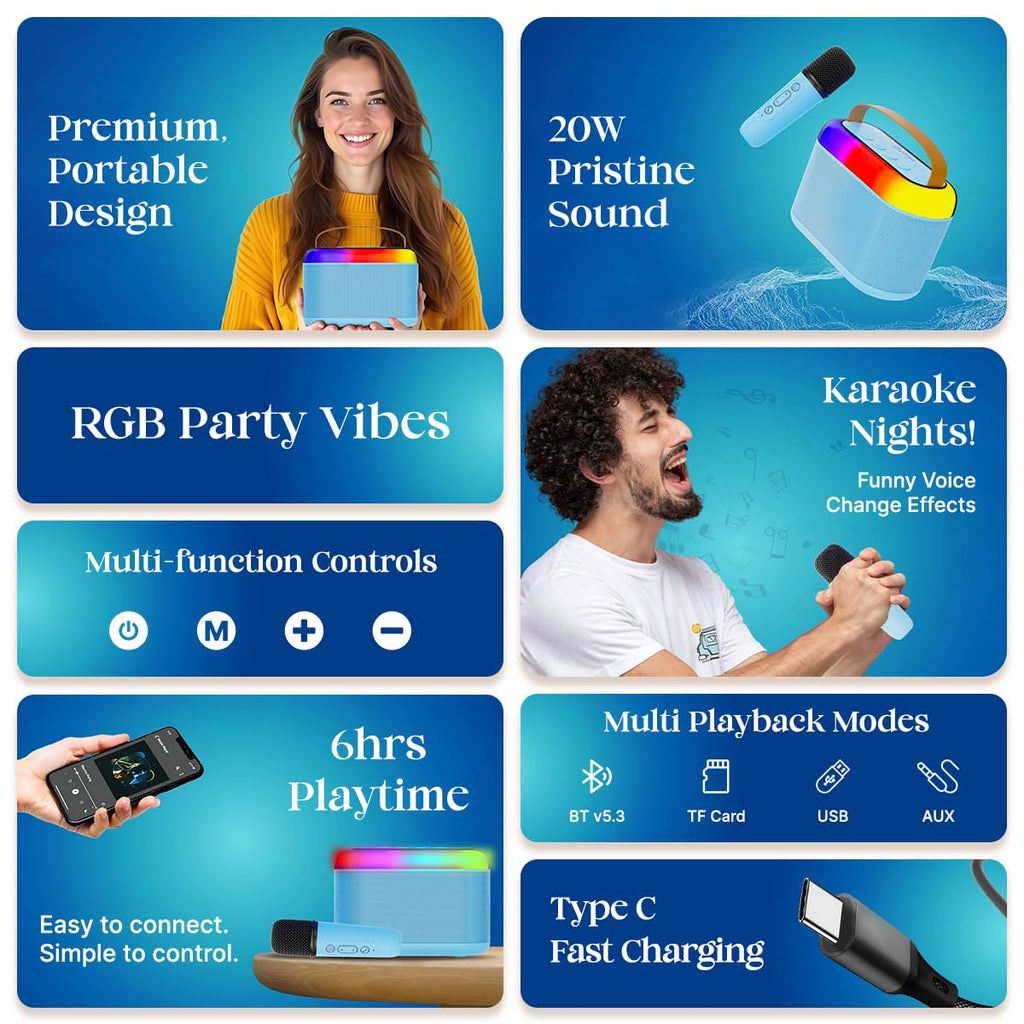 Newly Launched Fusion Tunes 10W Mini Bluetooth Speaker, Wireless Karaoke Mic, 8Hrs Playtime, Vivid RGB Lights, Voice Effects, Multi-Play Modes BT5.1/TF Card & Type-C Charging (Light Pink)