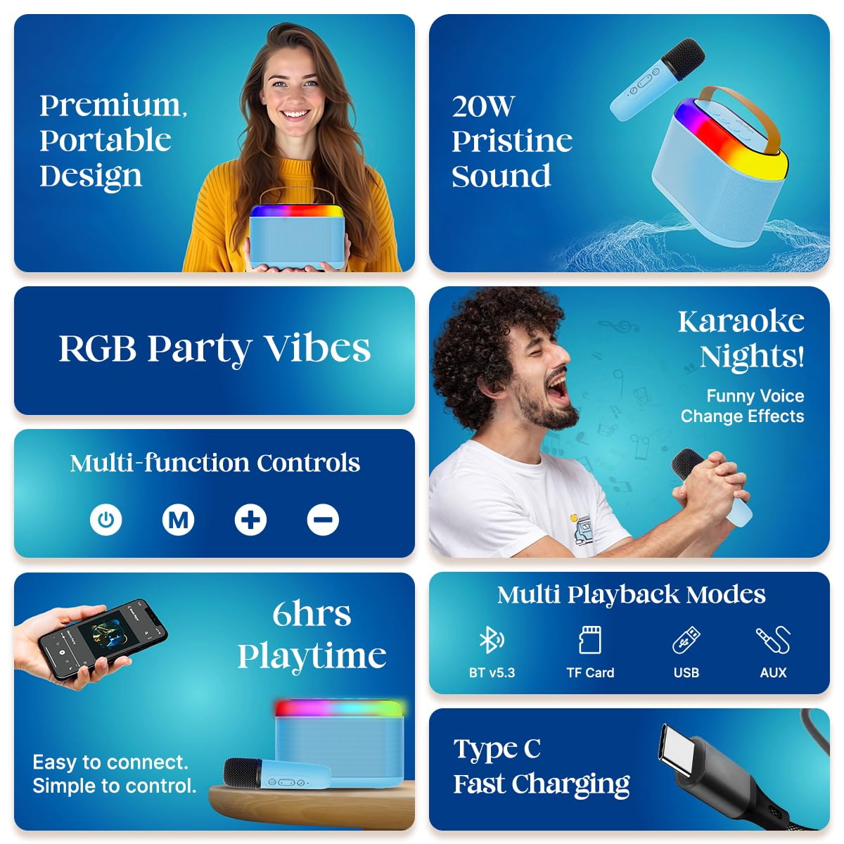 Newly Launched Fusion Tunes 10W Mini Bluetooth Speaker, Wireless Karaoke Mic, 8Hrs Playtime, Vivid RGB Lights, Voice Effects, Multi-Play Modes BT5.1/TF Card & Type-C Charging (Light Pink)