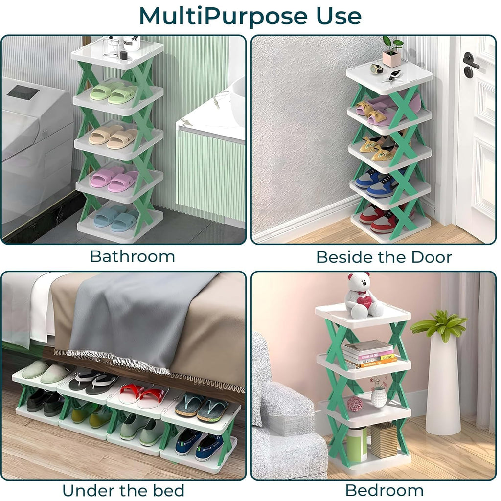 Foldable Plastic Shoe Rack – 3 Layer Multipurpose Organizer for Entryway, Office, Wardrobe & Bedroom | Stackable Storage Shelf for Shoes, Books, Toys (Green)